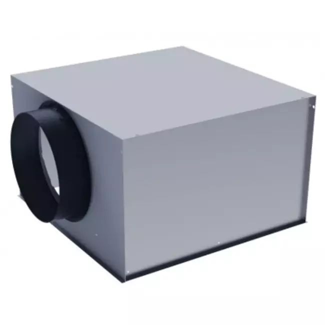 Firkantet hvirveldiffusor 600 x 600, 350 mm faste ventilatorblade og uisoleret trykfordelingsboks med 160 mm tilslutning på siden - RAL 9010