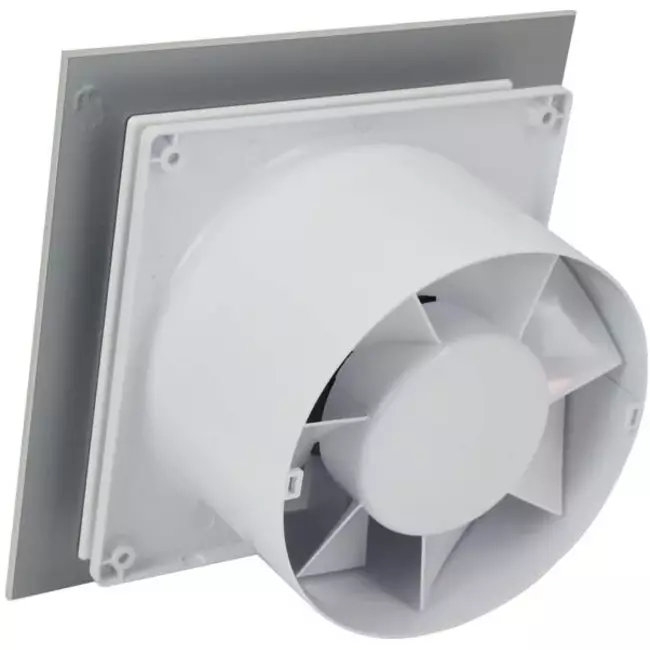 Badeværelsesventilator Ø 125 mm med fugtsensor og timer – frontpanel i satin sølvfarvet glas