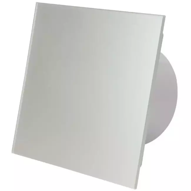 Badeværelsesventilator Ø 125 mm med fugtsensor og timer – frontpanel i satin sølvfarvet glas