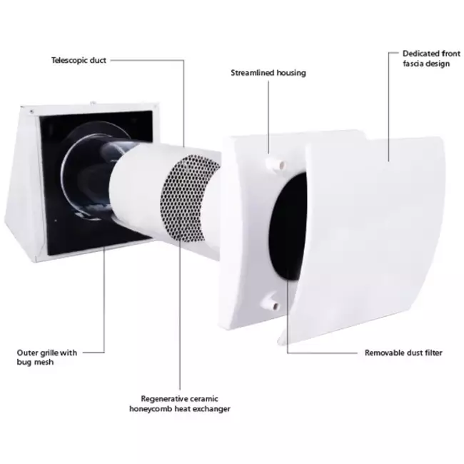 Decentraliseret WTW HRU væg Ø100 med fjernbetjening - 25 m³/t - HRU-WALL-RC-100-25-PEG