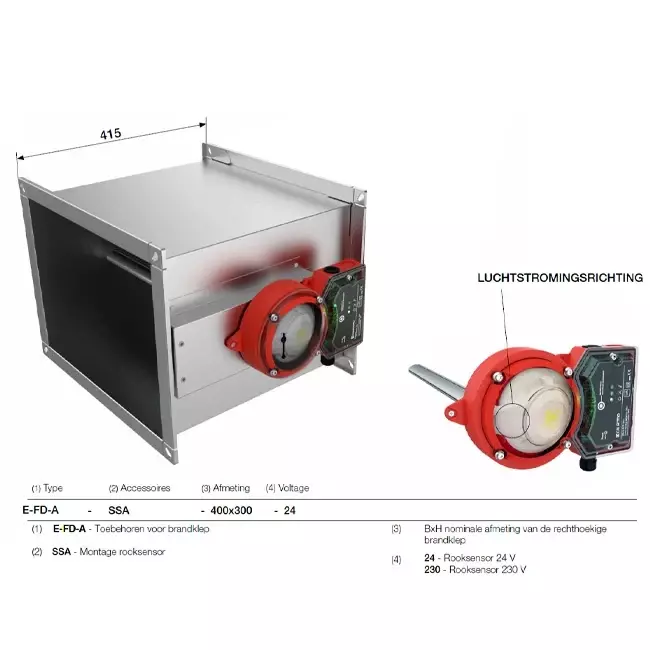 Røgsensor 230V til rektangulært brandspjæld - E-FD A SSA 950x250 230
