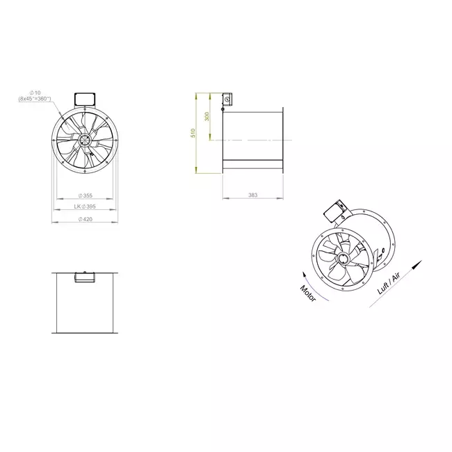 Aksial 355 mm røggasventilator med kanal F300- AL 355 D4 F3 01 CFG