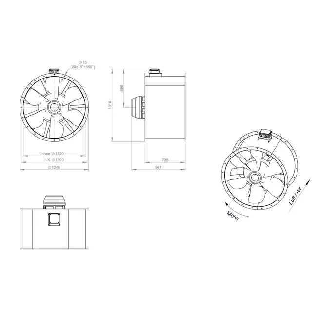Aksial 1120 mm røggasventilator med kanal F300- AL 1120 D6 F3 03 CFG