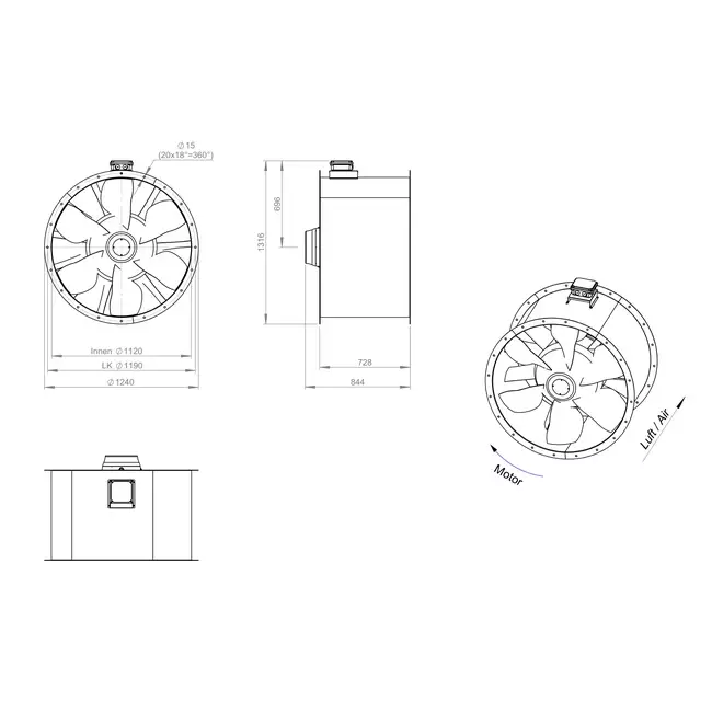 Aksial 1120 mm røggasventilator med kanal F300- AL 1120 D6 F3 02 CFG