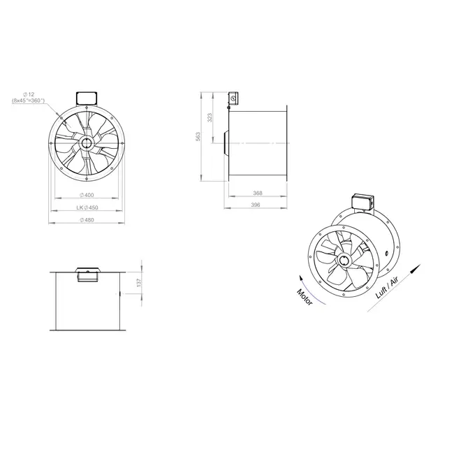 Aksial 400 mm røggasventilator med kanal F300- AL 400 D2 F3 01 CFG