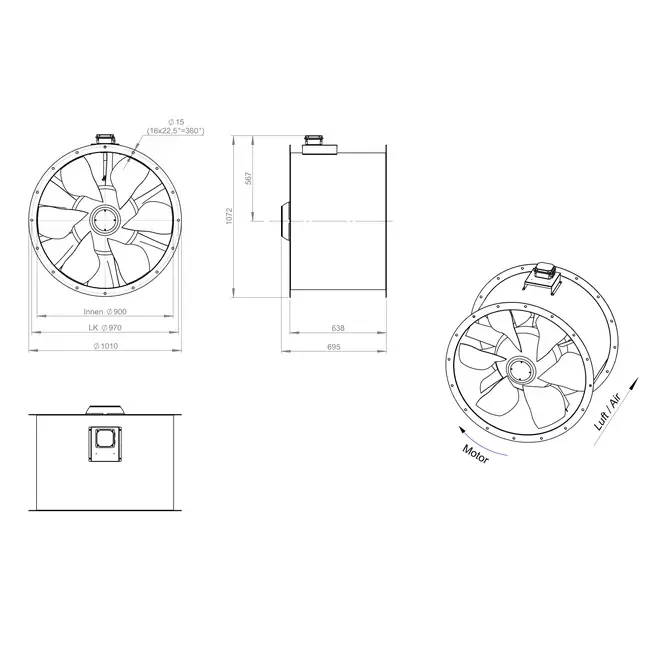 Aksial 900 mm røggasventilator med kanal F300- AL 900 D6 F3 01 CFG