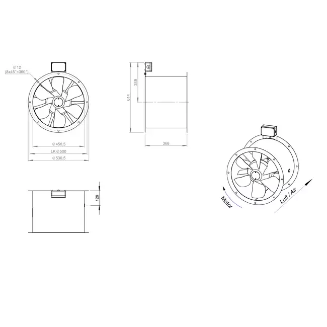 Aksial 450 mm røggasventilator med kanal F300- AL 450 D4 F3 01 CFG