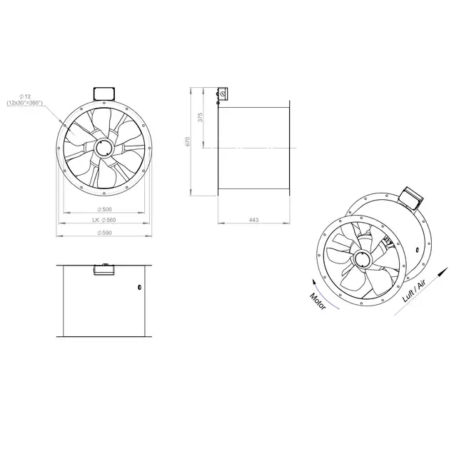 Aksial 500 mm røggasventilator med kanal F300- AL 500 D4 F3 01 CFG