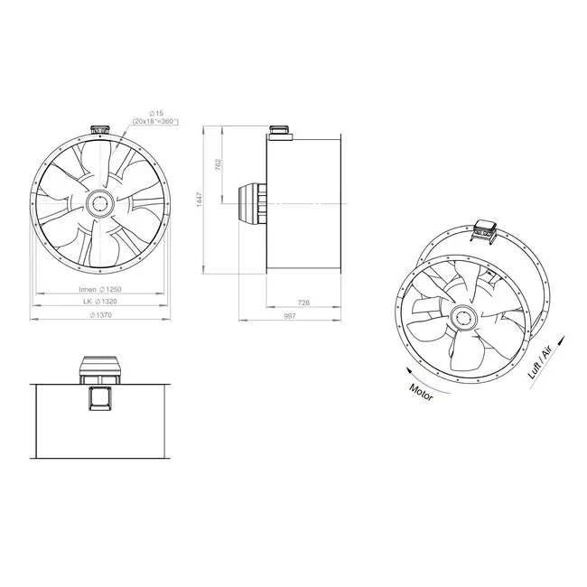 Aksial 1250 mm kanalventilator røggas F300- AL 1250 D6 F3 03 CFG