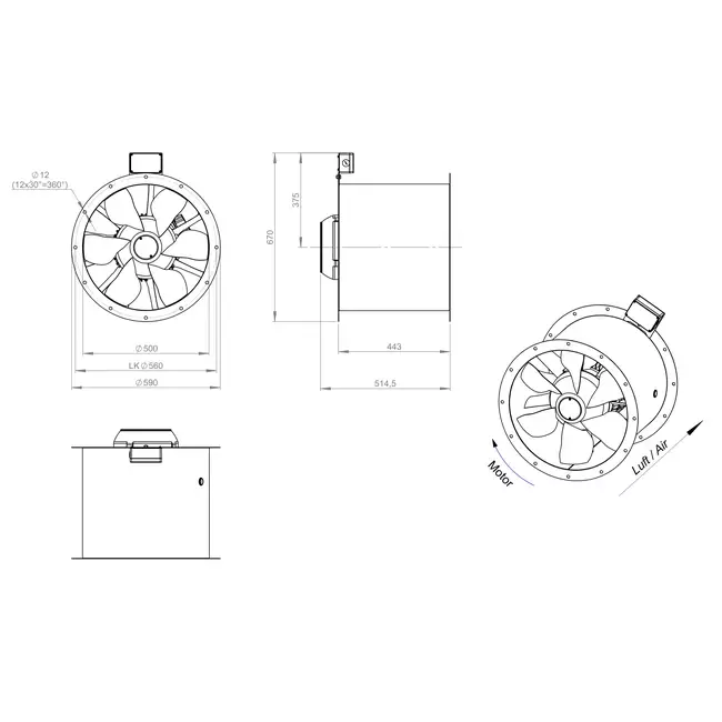 Aksial 500 mm røggasventilator med kanal F300- AL 500 D2 F3 01 CFG