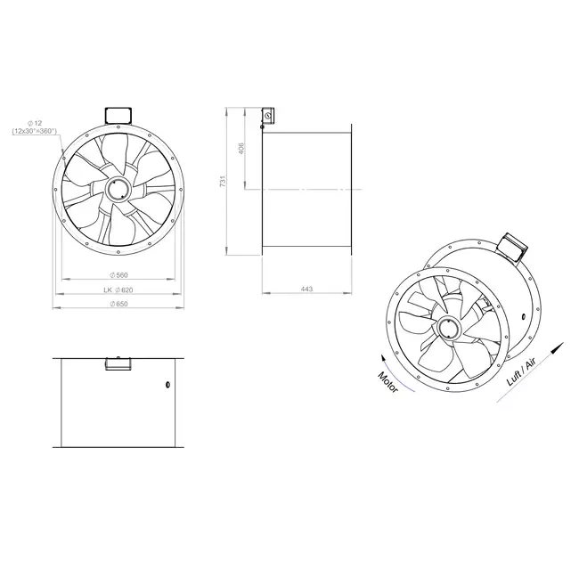Axial 560 mm røggasventilator med kanal F300- AL 560 D4 F3 01 CFG