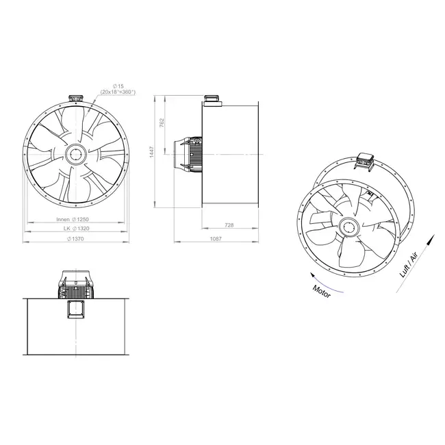 Aksial 1250 mm kanalventilator røggas F300- AL 1250 D6 F3 04 CFG