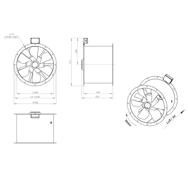 Axial 560 mm røggasventilator med kanal F300- AL 560 D4 F3 02 CFG