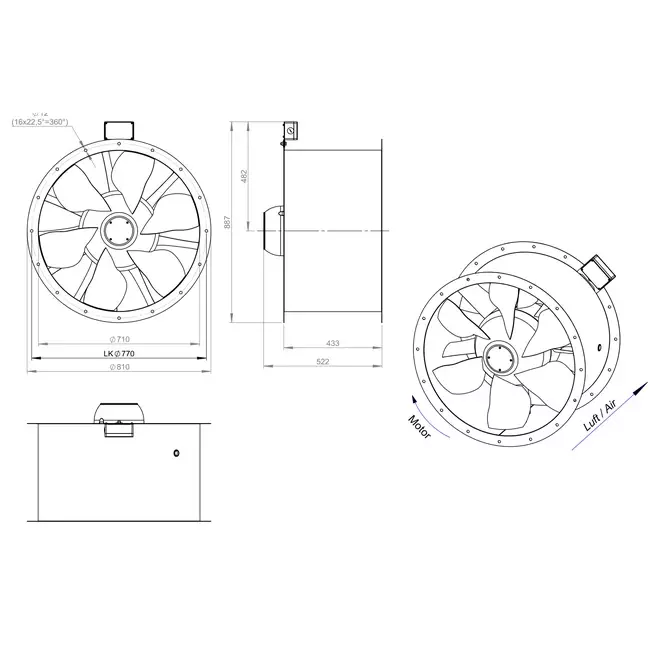 Aksial 710 mm røggasventilator med kanal F300- AL 710 D6 F3 01 CFG