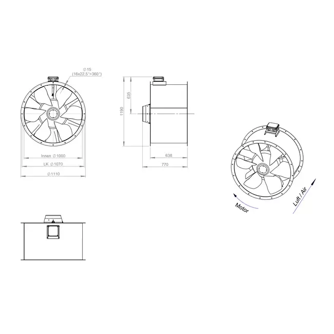 Aksial 1000 mm røggasventilator med kanal F300- AL 1000 D4 F3 01 CFG