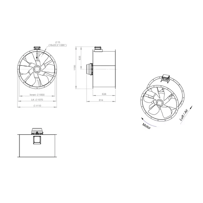 Aksial 1000 mm røggasventilator med kanal F300- AL 1000 D6 F3 01 CFG