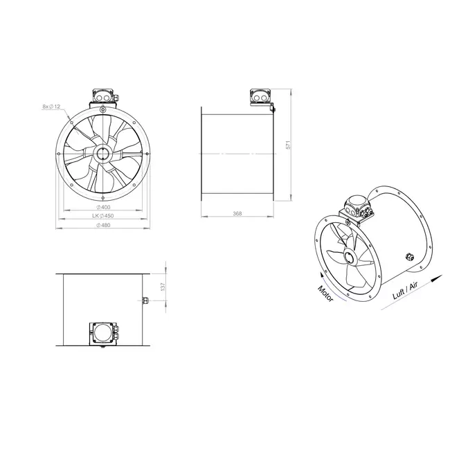 Aksial 400 mm kanalventilator - AL 400 D42U 02 CFG