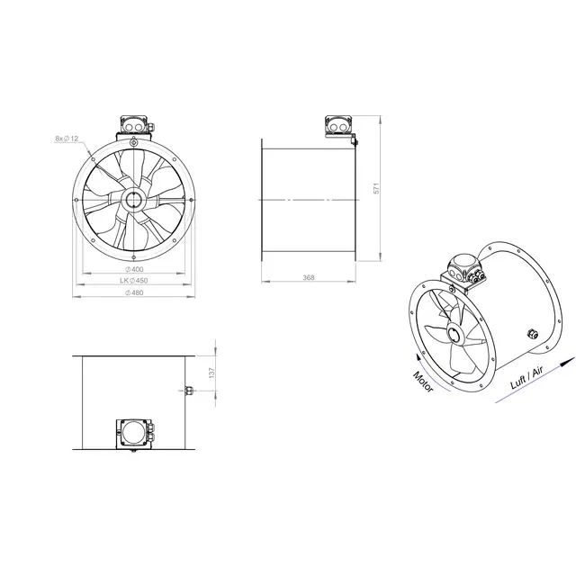 Aksial 400 mm kanalventilator - AL 400 D4 01 CFG