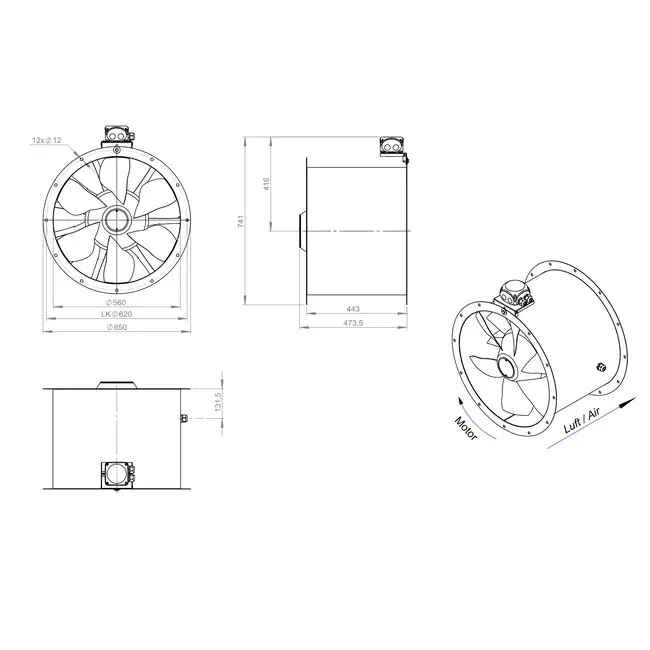Aksial 560 mm kanalventilator - AL 560 D84U 01 CFG