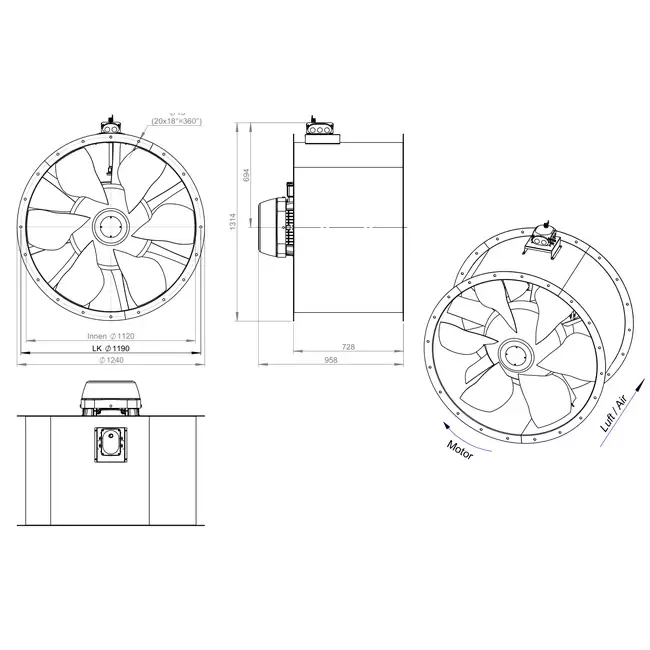 Aksial 1120 mm kanalventilator - AL 1120 D6 05 CFG