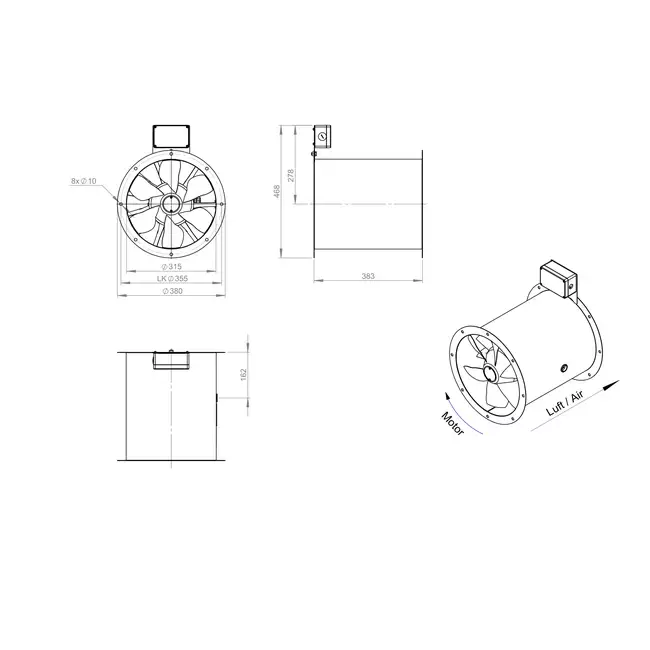 Aksial 315 mm røggasventilator med kanal F400 - AL 315 D42U F4 01 CFG