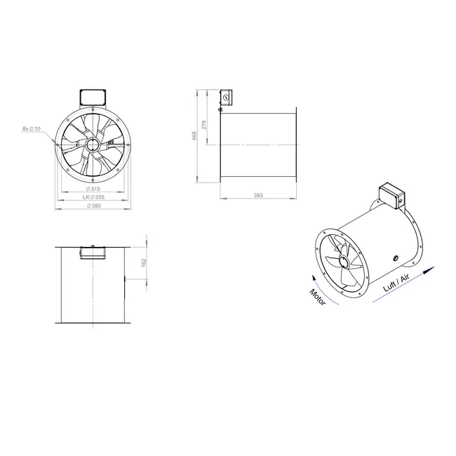 Aksial 315 mm røggasventilator med kanal F400 - AL 315 D42U F4 02 CFG