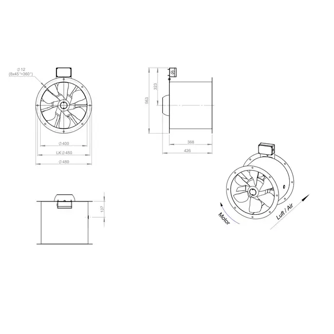 Aksial 400 mm røggasventilator med kanal F300- AL 400 D42U F3 01 CFG