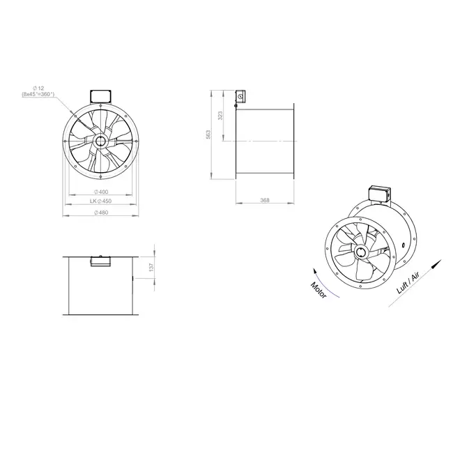 Aksial 400 mm røggasventilator med kanal F300- AL 400 D42U F3 02 CFG