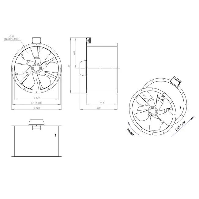 Axial 630 mm røggasventilator med kanal F400 - AL 630 D84U F4 01 CFG