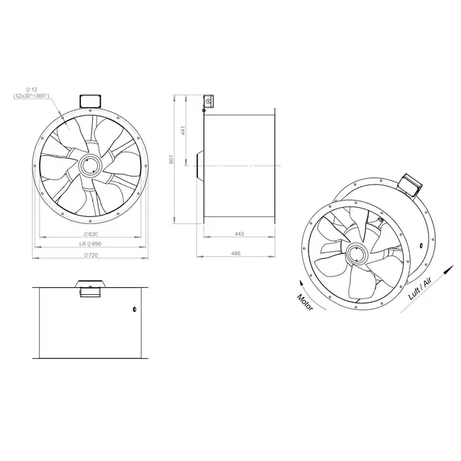 Axial 630 mm røggasventilator med kanal F300- AL 630 D4 F3 03 CFG