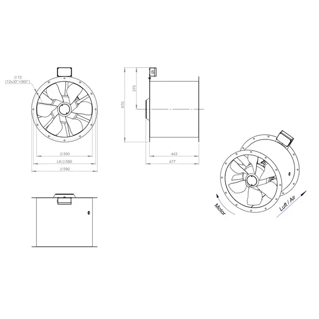 Aksial 500 mm røggasventilator med kanal F400 - AL 500 D2 F4 02 CFG