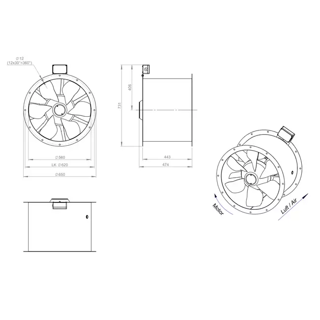 Aksial 560 mm røggasventilator med kanal F400 - AL 560 D4 F4 02 CFG