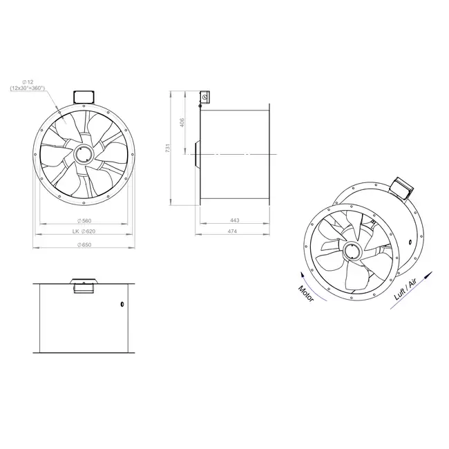 Aksial 560 mm røggasventilator med kanal F400 - AL 560 D84U F4 01 CFG