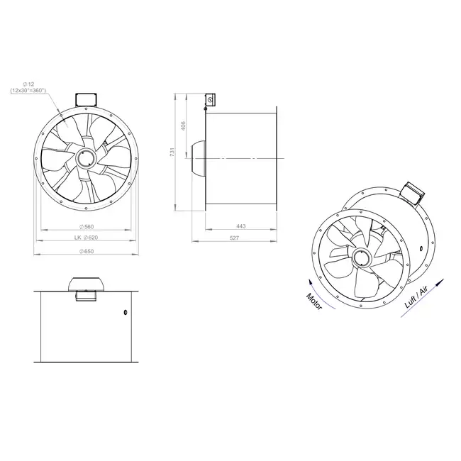 Aksial 560 mm kanalventilator røggas F400 - AL 560 D84U F4 02 CFG