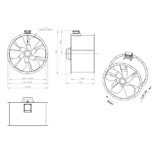Aksial 1000 mm kanalventilator røggas F400 - AL 1000 D4 F4 01 CFG