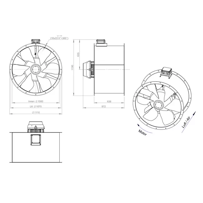 Aksial 1000 mm kanalventilator røggas F400 - AL 1000 D4 F4 04 CFG