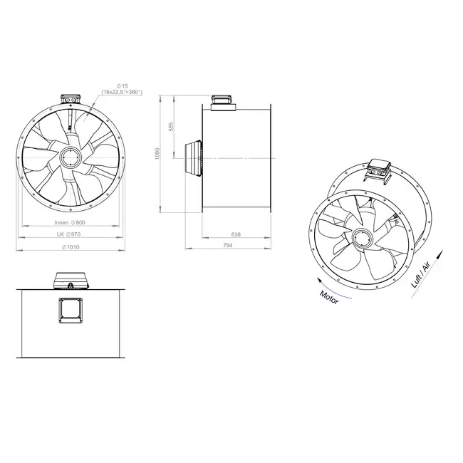 Aksial 900 mm røggasventilator med kanal F300- AL 900 D6 F3 03 CFG