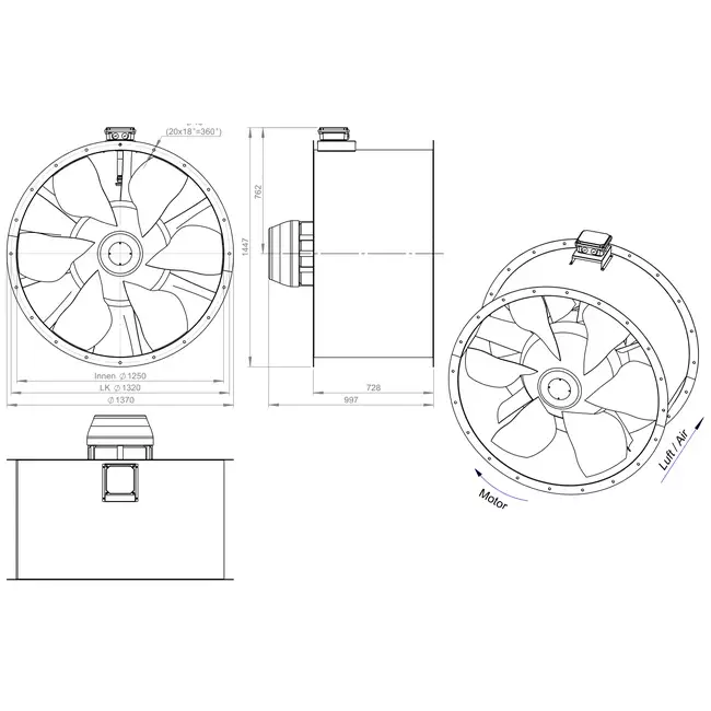 Aksial 1250 mm kanalventilator røggas F400 - AL 1250 D6 F4 03 CFG
