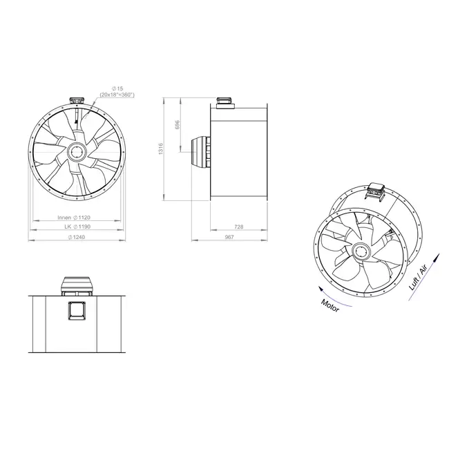 Aksial 1120 mm røggasventilator med kanal F300- AL 1120 D6 F3 05 CFG