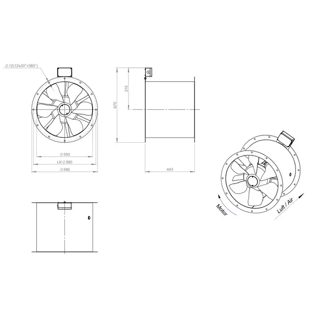 Aksial 500 mm røggasventilator med kanal F400 - AL 500 D4 F4 02 CFG