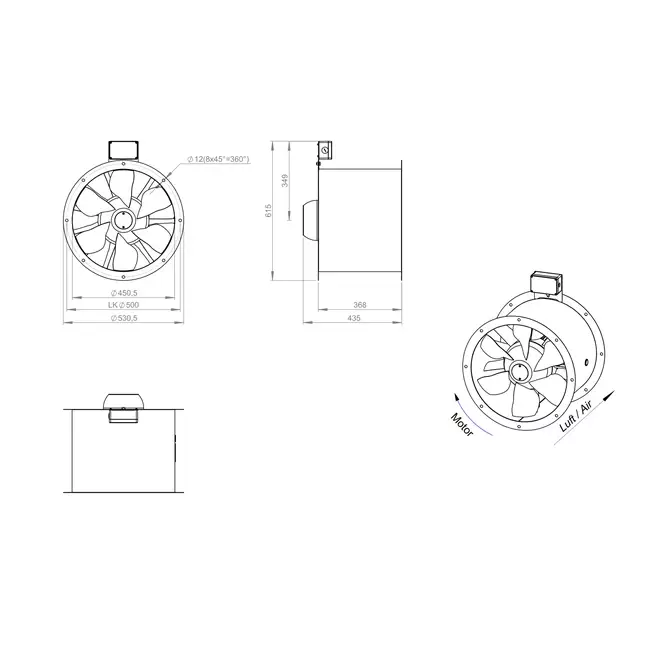 Aksial 450 mm røggasventilator med kanal F300- AL 450 D42U F3 02 CFG