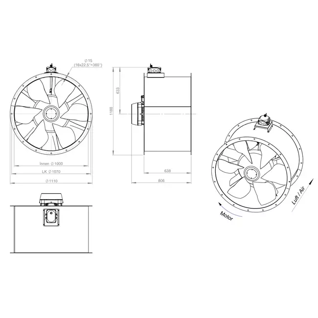 Aksial 1000 mm kanalventilator - AL 1000 D84U 01 CFG