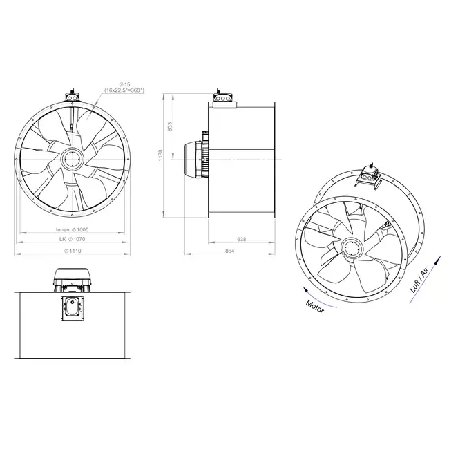 Aksial 1000 mm kanalventilator - AL 1000 D84U 02 CFG
