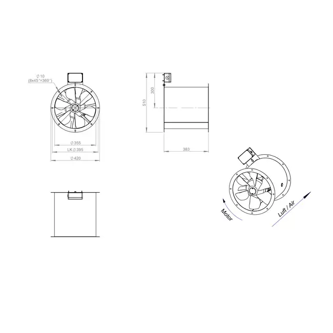 Aksial 355 mm røggasventilator med kanal F300- AL 355 D42U F3 02 CFG
