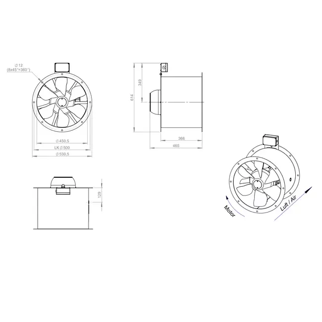Aksial 450 mm røggasventilator med kanal F300- AL 450 D42U F3 01 CFG