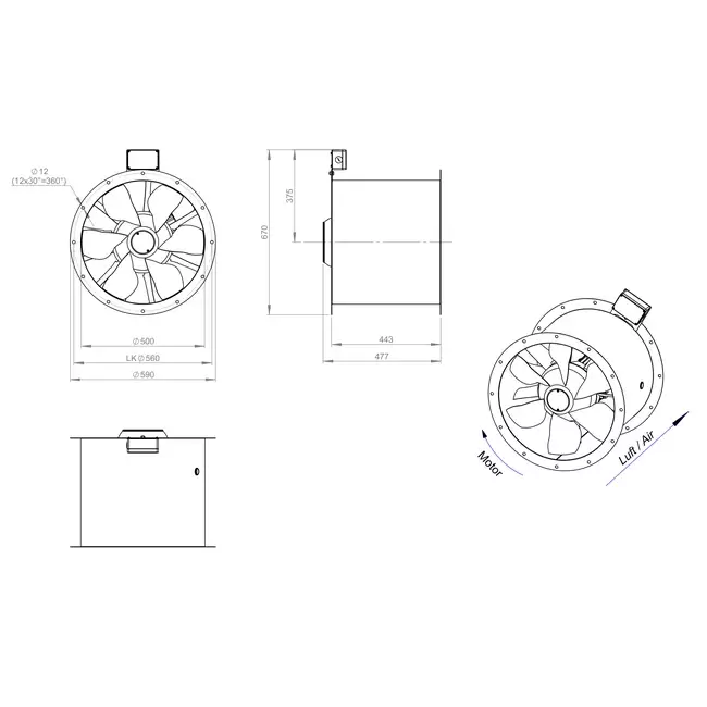 Aksial 500 mm røggasventilator med kanal F300- AL 500 D42U F3 02 CFG
