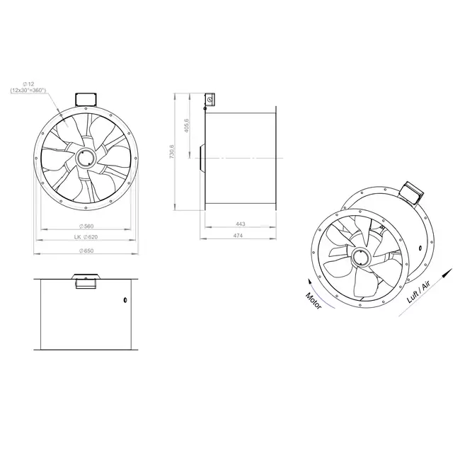 Aksial 560 mm kanalventilator røggas F300- AL 560 D84U F3 01 CFG