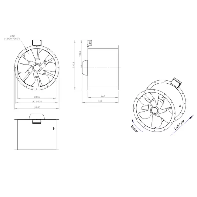 Aksial 560 mm kanalventilator røggas F300- AL 560 D84U F3 02 CFG