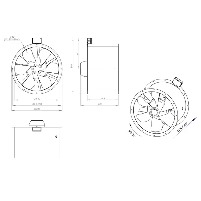 Aksial 630 mm kanalventilator F300- AL 630 D84U F3 01 CFG
