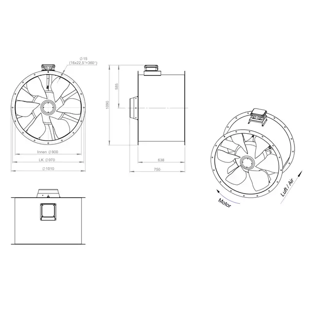 Aksial 900 mm røggasventilator med kanal F300- AL 900 D84U F3 02 CFG